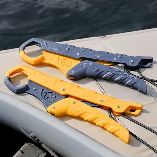 SNAIL TRAIL 7.5''/9'' Floating Fish Gripper, Fishing Grabber, Catfish Mouth Pliers, Caught Bass Holder, Digital Scale Hook Clamp, Saltwater Lip Grip Tool with Lanyard, Gifts for Men, Yellow-Gray - color: Yellow-gray, size: 7.5"