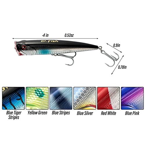 Dr.Fish Popper Saltwater Fishing Lures, 4/5.5 Inches GT Popper VMC Treble Hooks Surf Fishing Lures for Bass Striper Pike Salmon Offshore - color: Chorme Black, Chorme Blue, Blue Mackerel-3 Pack, size: 4"