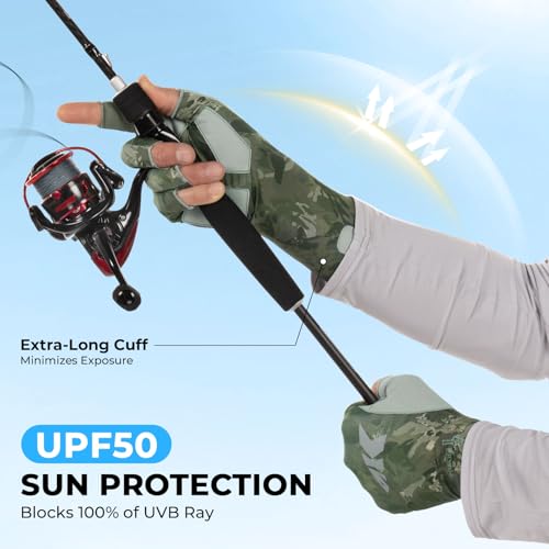 KastKing Agies Fishing Gloves Men, UPF 50+ Sun Gloves UV Protection, Cooling Quick-Dry 3/4 Fingerless Gloves with Extended Cuff, Microfiber Palm & Pull Tabs, for Fishing, Kayaking, Hiking, Hunting - color: X Camo-Olive Green, size: Small-Medium