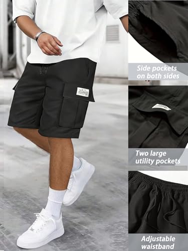 Hidkat Men's Lightweight Cargo Shorts with Drawstring-Breathable,Comfy Casual Outdoor Shorts for Hiking Gym Workout - color: Black, size: Small