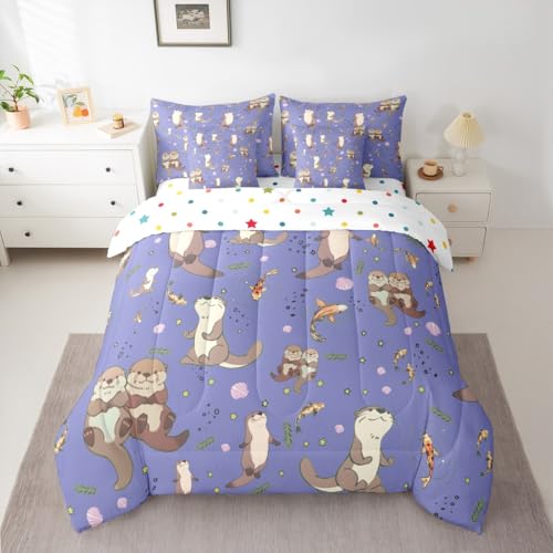 Erosebridal Lap Otter Comforter Set with Sheets Twin Size Cartoon 7-Piece Bedding Set for Kids Boys Girls Sea Otters Kawaii Cartoon Natural Animal Beige Dark Blue Lightweight Bed in A Bag - color: Beige Dark Blue, size: Twin