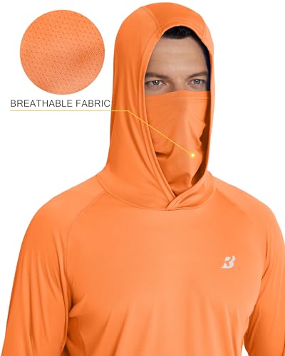 Roadbox Men's UPF 50+ Hooded Fishing Shirts Long Sleeve Sun Protection Hoodie, Hiking Running Swimming Rash Guard with Mask - color: Orange, size: Medium