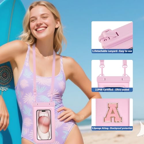 Waterproof Phone Pouch Floating, IPX68 Waterproof Phone Case for Beach Kayak Cruise Essentials, Dry Bag for iPhone 17 16 15 Pro Max Samsung S26 S25 S24, Up to 7", Pink Letter - color: Pink Letter