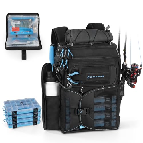 Calamus GearMaster Tackle Backpack with Bait Binder, Large Lightweight Water-Resistant Fishing Bag, Rod Holders, Food Storage - color: Black With (4) 3600 Tackle Boxes