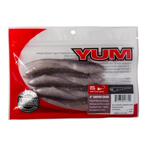 YUM Sniper Shad Soft Plastic – Realistic Minnow Bass Fishing Lure, Jig Head & Underspin Trailer, 3” 4” 5” Sizes, Multiple Colors - color: Gizzard Shad, size: 4"