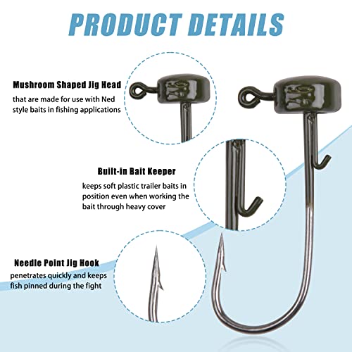 Ned Rig Jig Hooks Kit, 25Pcs Shroom Head Jigs for Soft Plastic Lures Finesse Fishing Jigs with Bait Keeper Crappie Jig Saltwater 1/10oz 1/8oz 1/6oz