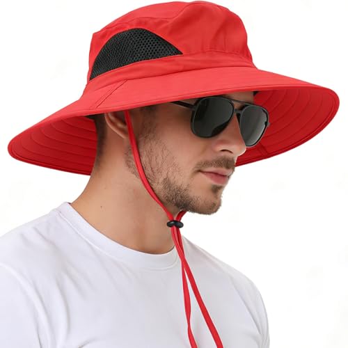 Wide Brim Sun Bucket Hat, Waterproof Boonie Hat for Men & Women | UPF 50+ UV Protection, Adjustable Fit, Chin Strap & Sweatband, Foldable Durable for Fishing Hiking Garden Beach - color: 01 Red