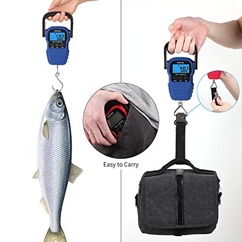 HEETA Fish Scale with Backlit LCD Display, Up to 110lb/50kg Digital Portable Hanging Fish Weight Scale with Hook & Measuring Tape for Home, Farm, Outdoor, Hunting, Fishing, 2 AAA Batteries Included - color: Blue