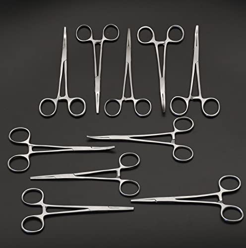 Set of 10 Straight & Curved Hemostat Forceps 5.5" - Stainless Steel Locking Tweezer Clamps - Ideal Hemostats for Nurses, Fishing Forceps, Crafts and Hobby, Satin-Silver