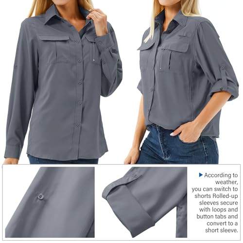 Women's UPF 50 Long Sleeve Sun Protection Shirts Safari Fishing Hiking - color: Dark Grey, size: X-Small