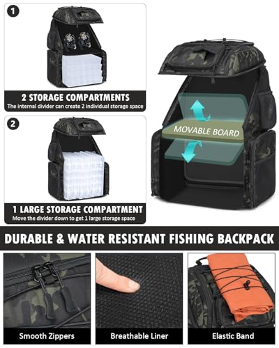 HAMBOLY Fishing Backpack with Tackle Boxes, 50L Fishing Tackle Bag with Cooler & Rod Holders, Waterproof Tackle Bag for Men - color: Dark CM