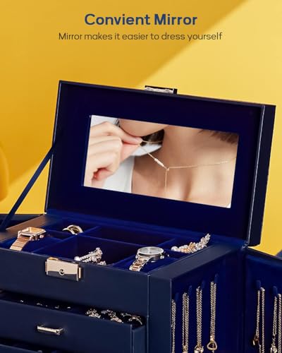 Homde Synthetic Leather Huge Jewelry Box Mirrored Watch Organizer Necklace Ring Earring Storage Lockable Gift Case (Dark Blue + Gold) - color: Dark Blue + Gold