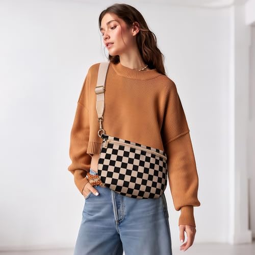 KALIDI Checkered Crossbody Bags for Women Travel Flat Fanny Packs for Woman Men Nylon Cross Body Purse Fashion Belt Bum Bag - color: Khaki Checkered