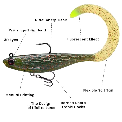 Pre-Rigged Soft Fishing Lures with Weedless Hook, Lifelike Paddle Tail Swimbaits for Bass Fishing, Freshwater & Saltwater Curly Type Tail Soft Plastic Baits for Bass, Pike, Trout, and Walleye. - color: B2-4"-0.56oz