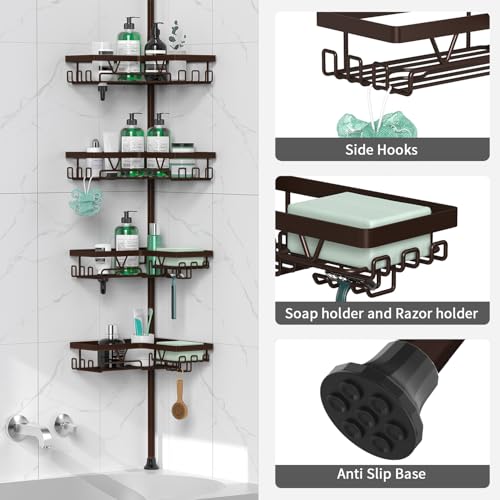 DAOYA Corner Shower Caddy Tension Pole - Adjustable 4-Tier Shower Shelf Stainless Steel Corner Tension Rod Bathroom Organizer Shampoo Holder with Soap Holders & Hooks for Bath, Tub, Floor Space Saving - color: Bronze