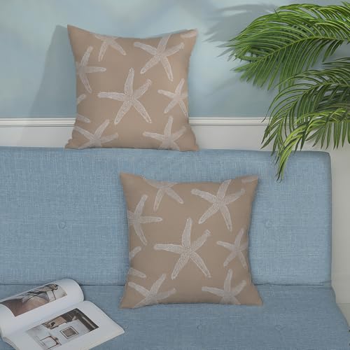 Brown Tan Starfish Pillow Covers 18x18 Inch Set of 2 Coastal Throw Pillows Summer Nautical Ocean Beach Theme Decorative Pillowcase Linen Outdoor Farmhouse Decor Cushion Case for Home Bedroom - color: Brown Starfish, size: 18" x 18" (Pack of 2)