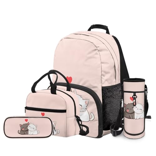 4Pcs Kid's Backpack Set Cute Cartoon Cat Schoolbag with Lunch Bag Pencil Case and Water Bottle Holder for Elementary School Bag Bookbag 17 Inch Daypack Pink - color: Cat