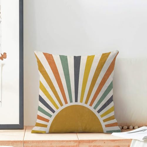 Boho Stripes Pillow Covers 16 x 16 Set of 2, Summer Yellow Rainbow Sun Outdoor Decorative Throw Pillows Farmhouse Linen Sunshine Cushion Case for Home Couch Sofa Decor - color: Sun2, size: 16" x 16" (Pack of 1)