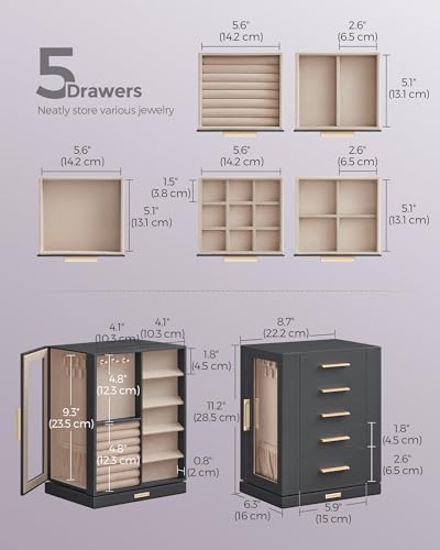 SONGMICS GISELLA Collection - Jewelry Box Organizer 360° Rotating, Vertical Jewelry Storage Case with 5 Drawers, Glass Window, Spacious, Open Design, Great Gift, Slate Gray UJBC170G01 - color: Slate Gray, size: 5 Drawers (6.3"d X 8.7"w X 11.2"h)