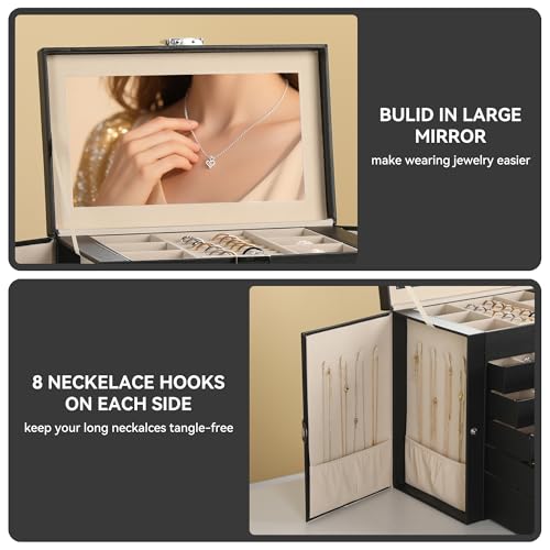 Frebeauty Large Jewelry Box,6-Tier PU Leather Jewelry Organizer,Multi-functional Storage Case with Mirror,Accessories Holder with 5 Drawers for Necklace Bracelets Watches(Black) - color: Black, size: Large