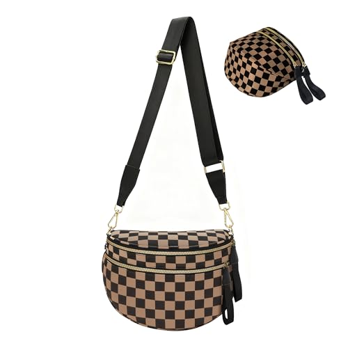 Crossbody Bags for Women, Checkered Bum Bag Crossbody, Spacious Nylon Shoulder Handbag Mom Bag (khaki checkered) - color: khaki checkered