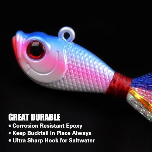 Bucktail Jigs Saltwater Fishing Lures, 5pcs Premium Bucktail Hair Jigs Head Saltwater Striper Lures for Bass Flounder Bluefish Halibut Redfish Surf Fishing 1/4oz 1/2oz 1oz 1.5oz 2oz - color: Purple/Red, size: 1/2oz