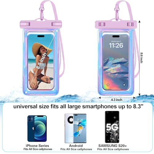 Famoby 4 Pack Iridescence Waterproof Phone Pouch, Cell Phone Waterproof Case Dry Bag,Protection Level: IP68,Beach Cruise for iPhone,Samsung,and More,Lanyard Included,(Fits Up to 8.3"),Iridescence - color: Iridescence 4 Pack