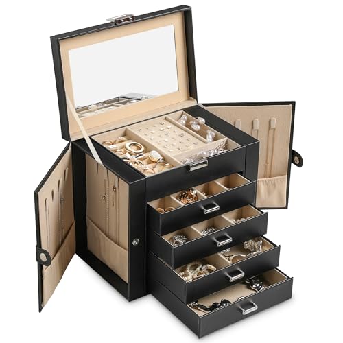 Frebeauty 5-layer Jewelry Box,Faux Leather Jewelry Organizer with 4 Drawers,Jewelry Organizers and Storage with Mirror,Jewelry Holder Organizer for Necklace,Jewerly Boxers for Women Girls(Black) - color: Black, size: Medium