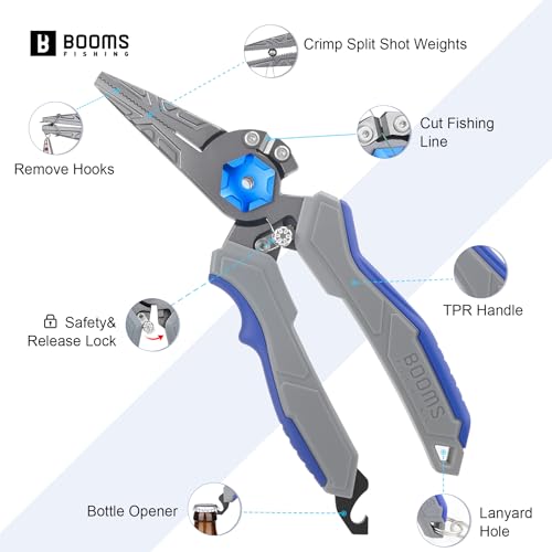 Booms Fishing Pliers Hook Remover: 8.1" Angled Carbon Steel Fish Pliers for Saltwater - Fishing Line Cutter with Lanyard - Braided Cutters & Crimper with Safety Lock, Multi-Function Gear for Men, F09 - style: 8.1" fishing pliers