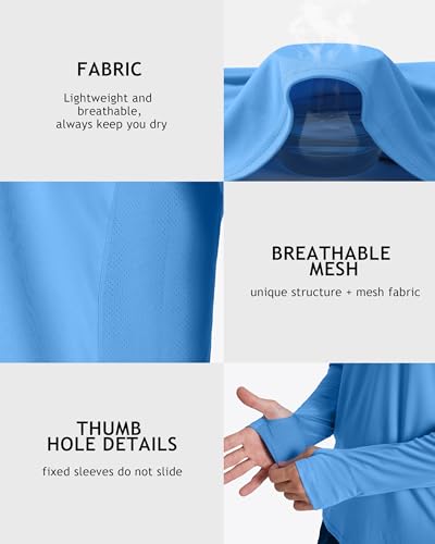 Roadbox Men's UPF 50+ Hooded Fishing Shirts Long Sleeve Sun Protection Hoodie, Hiking Running Swimming Rash Guard with Mask - color: Medium Blue, size: Large