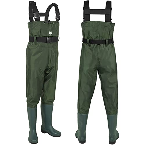 TIDEWE Bootfoot Chest Wader, 2-Ply Nylon/PVC Waterproof Fishing Hunting Waders with Boot Hanger for Men Women Green Brown - color: Green, size: M9/W11