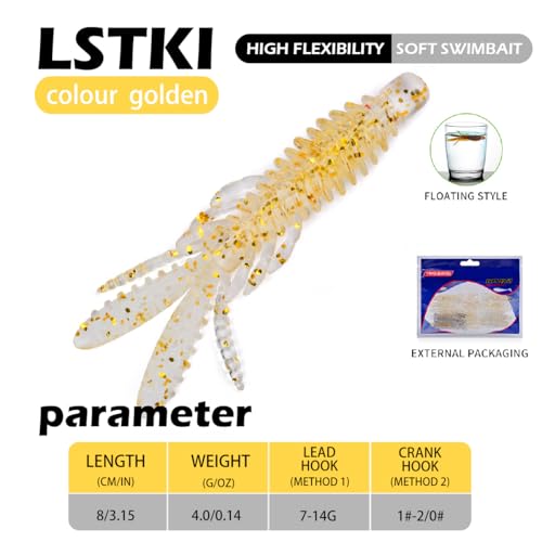 10 Pcs Soft Swimbait Lures, 6.4cm/2.5in Shrimp Shape Soft Plastic Fishing Lures Kit, Bass Fishing Lure Swim Baits with 5 Color, for Fishing Trout, Crappie, Bass, Redfish, Freshwater, Saltwater - color: Gold, size: 3.15 inch