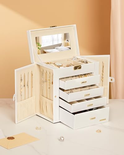 Homde Synthetic Leather Huge Jewelry Box Mirrored Watch Organizer Necklace Ring Earring Storage Lockable Gift Case (White + Gold) - color: White + Gold