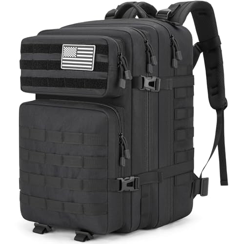 Tactical Backpack 45L Army Military Rucksack, Water Resistant MOLLE EDC Pack, Large 3 Day Bug Out Bag for Men & Women, Durable Outdoor Gear for Hiking, Camping, Hunting, Fishing,Travel (Black) - color: Black