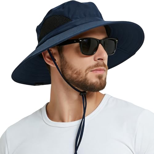 Wide Brim Sun Bucket Hat, Waterproof Boonie Hat for Men & Women | UPF 50+ UV Protection, Adjustable Fit, Chin Strap & Sweatband, Foldable Durable for Fishing Hiking Garden Beach - color: 01 Navy Blue