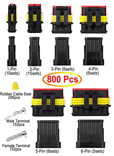 800Pcs 50 Sets Waterproof Automotive Electrical Connectors Automotive Electrical Wire Connectors Plug Kit 1/2/3/4/5/6 Pin Waterproof Connectors - style: 800 pcs