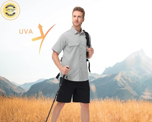 Satankud Fishing Shirts for Men Short Sleeve Sun Protection Cooling Hiking Shirt for Travel Safari Camping Work - color: Light Grey, size: X-Large