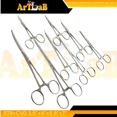 ArtLab-Ultimate Hemostat Forceps Set of 6-Straight & Curved Hemostat Forceps Locking Clamps Stainless Steel Full Serrated Jaws-Ideal for Nurses,Firefighters,Fishing (Set of 8-3.5"+5"+5.5"+7"(Str+Cvd))
