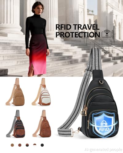 Anti Theft Crossbody Bags for Women RFID Leather Sling Purses,Crossbody Bags Travel Leather Fanny Pack for Women - color: Black