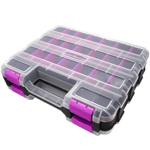 Tools Organizer Box Small Parts Storage Box 50-Compartment Double Side Hardware Organizers with Removable Plastic Dividers for Screws, Nuts, Nails, Bolts, Purple - color: Purple