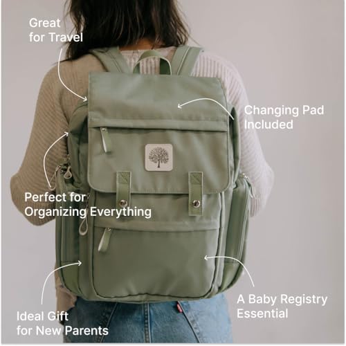 Parker Baby Diaper Backpack - Large Diaper Bag with Insulated Pockets, Stroller Straps and Changing Pad -"Birch Bag" - Sage Green - color: Sage Green