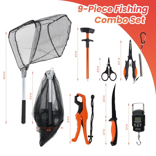 RAWILL 9 Pcs Fishing Tool Kit, Fishing Pliers with Lanyard and Protective Sheaths, Landing Net, Fillet Knife, Fish Scale, Gripper - color: Orange