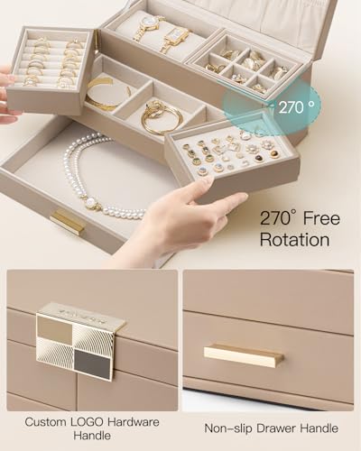 VLANDO 3 Layer Jewelry Box - Women Jewelry Box with Retractable Tray - Jewelry Organizers with Drawer for Necklaces, Rings, Bracelets, Earrings, Gift for Couples Mom Girls - Toffee - color: E.Toffee, size: 3-Layer