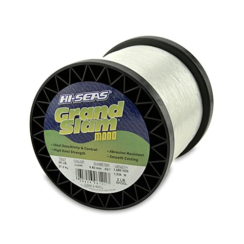 HI-SEAS Grand Slam Monofilament Fishing Line - Strong & Abrasion Resistant in Clear, Pink, Green, Smoke Blue, Fluorescent Yellow Freshwater & Saltwater - 2 lb Spool - color: Clear, style: 60 Lb Test, 0.80 Mm Dia, 1680 Yd