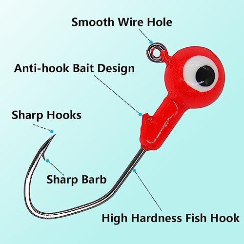 50pcs Fishing Jig Head Hooks kit, Round Ball Fishing Jigs with 3D Eyes Carbon Steel Hooks for Soft Lures Bass Freshwater Saltwater 1/8oz 1/6oz 1/4oz 1/16oz 1/35oz - color: Multi-colored - 50pcs, size: Size F- 4 Mixed Sizes