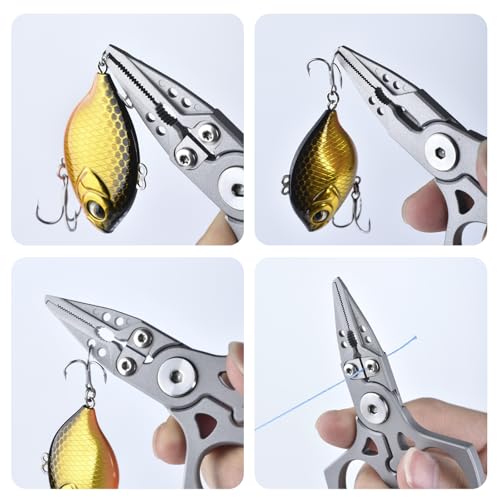 4 inch Fishing Pliers Saltwater, Stainless Steel Fishing Pliers with Split Ring, Fish Hook Remover, Tungsten Carbide Cutters, Fishing Gift for Men