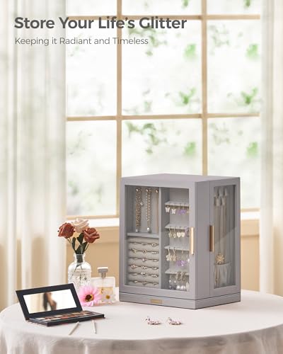 Glimmloop 360° Rotating Jewelry Box with 5 Drawers, Spacious Vertical Jewelry Organizer with Glass Window, Jewelry Storage Case, Dustproof & Moisture-resistant Design, Grey - color: Grey, size: 5 Drawers (6.2"D x 9.2"W x 11.4"H)