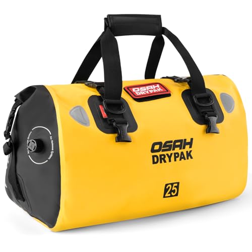 OSAH DRYPAK Waterproof Duffel Bag - Motorcycle Dry Bag Tail Bag with Large Storage Space, Waterproof Luggage Duffle Bags with Outer Mesh Zipper Pocket for Camping, Kayaking, Fishing & Traveling - color: Yellow, size: 25L