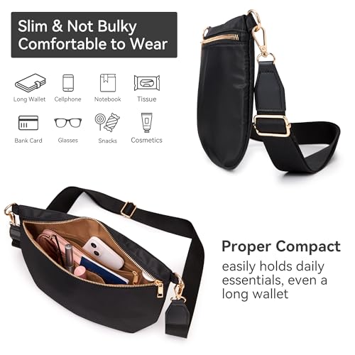 KALIDI Black Crossbody Bags for Women Travel Flat Fanny Packs for Woman Men Nylon Cross Body Purse Fashion Belt Bum Bag - color: Pure Black