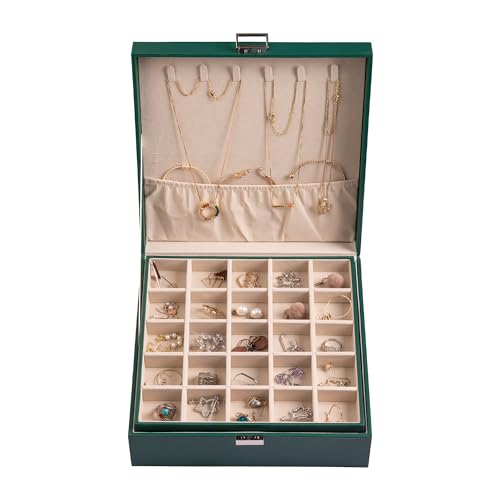 Frebeauty Earring Organizer Classic Jewelry Box 50 Slots Double Layer Jewelry Storage Case with 6 Necklace Hook and Bracelet Pocket(Blackish Green) - color: Blackish Green